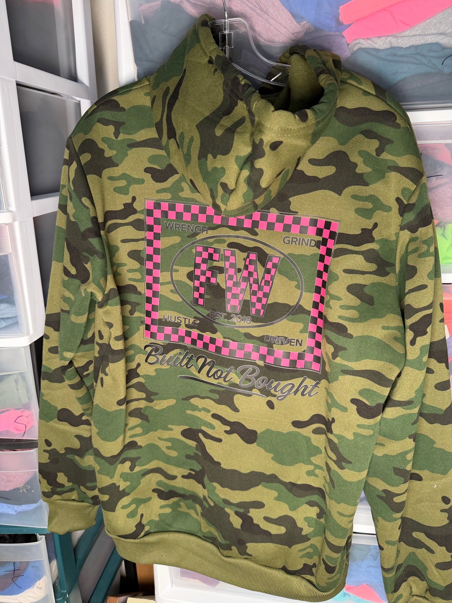 Camo hoodie pink built not bought